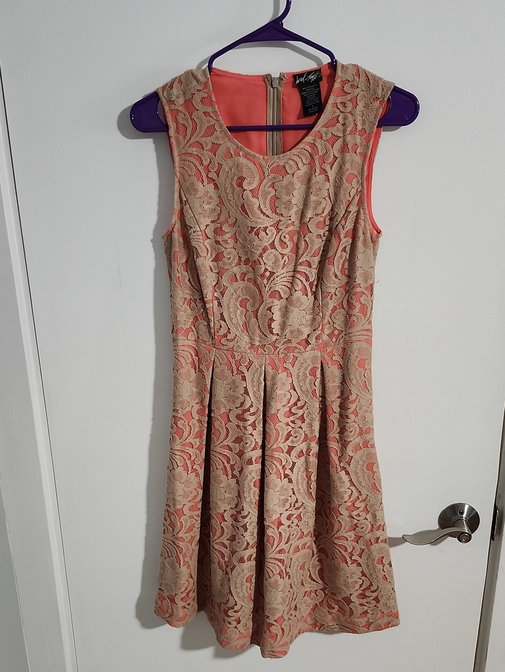 Lord & Taylor Coral Lined Beige Lace Fit and Flare Dress